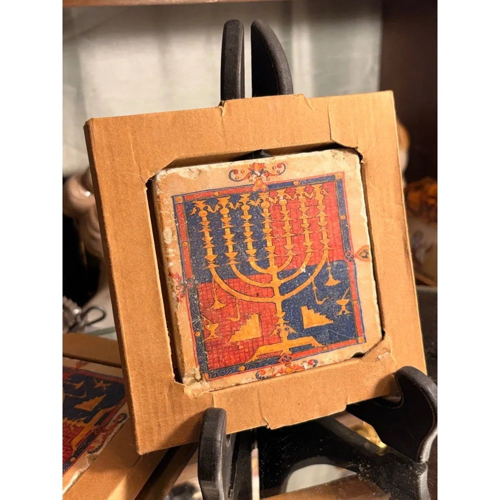Arteque Roma Menorah Stone Coasters Set of 2 Italian Judaica Cork Backed Rome